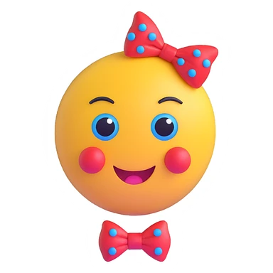 3D smiley emoji, large eyelashes, red polka dot bow, bored, half-closed eyes, blue eyes, musical notes sticker