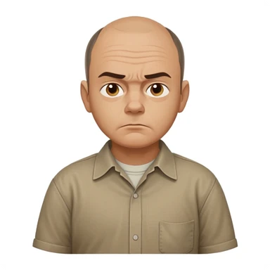 Carl from Sling Blade, serious expression, recognizable features, neutral background, full body, chin sticking out, slouching posture, no glasses, shirt with collar sticker