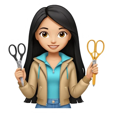 a pretty tan bratz girl with black long straight hair smiling and holding scissors sticker