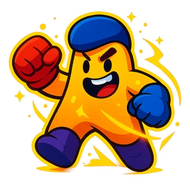 meeple character inspired by Brawl Stars, action stance, glowing effects, playful expression sticker