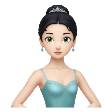 Cinematic Realistic ballerina Medium Blue Portrait, depicted with lifelike skin texture, subtle rosy undertones, and soft natural lighting that enhances the gentle contours of her face. Her intricately detailed sweet black hair is elegantly styled, green eyes sticker