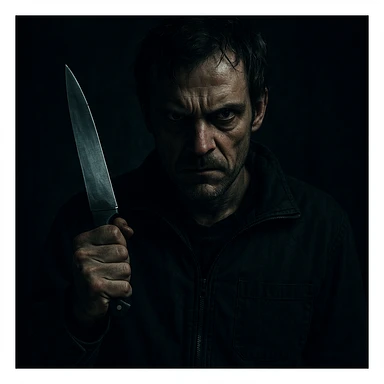 a menacing killer holding a knife, dramatic lighting, intense expression, horror movie vibe sticker