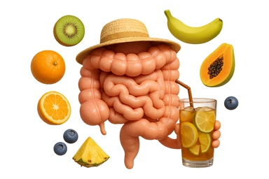 EMOJI STILE IPHONE DI INTESTINO UMANO REALISTICO CON CAPPELLO DI PAGLIA DA SPIAGGIA CHE BEVE UN Tè FREDDO IN BICCHIERE DI VETRO CON DENTRO  fette di cetriolo, limone, lime, DIETRO L'INTESTINO FLUTTUANO PEZZETTI DI Kiwi
Banana acerba
Arance e mandarini
Mirtilli
Ananas
Papaya
IPERREALISTICO 4K sticker
