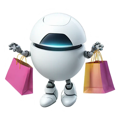 cute white floating spherical happy robot with floating shopping bags sticker