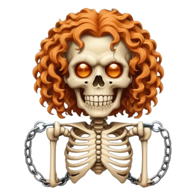 cinematic  steam-punk Megadeth iconic skeleton mascot with a rusty chain in his teeth, huge curly orange hair sticker