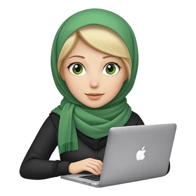 blond women skine , with green eyes , with scarf hijab ,dont show hir hair, with macbook sticker