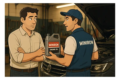Create a realistic automotive workshop scene. Two men are standing next to a car with its hood open. One man is a customer listening attentively. The other man is a Winiron employee wearing a white T-shirt and a blue vest with a “WINIRON” logo on the back. The Winiron employee is holding and recommending a Winiron engine oil canister. Background shows a workshop interior with tools, soft warm lighting, realistic reflections on the car body. Cinematic, detailed, 8K hyper-realistic, professional commercial photography style. sticker