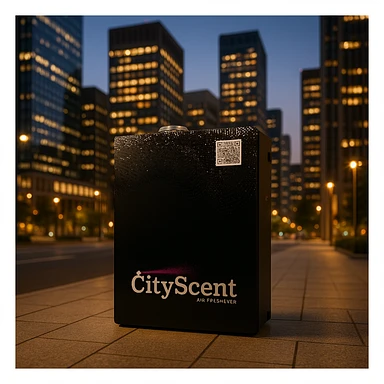 Place this exact CityScent air freshener machine in the center of a modern cityscape at evening, illuminated by ambient city lights, no people, focus on the machine. The style should be realistic and detailed to showcase the machine prominently in the cityscape. sticker