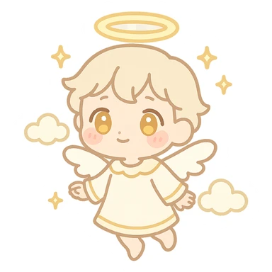 chibi angel character with soft glowing halo, tiny white wings, golden eyes, blushing cheeks, pastel white and gold outfit, floating pose, dreamy expression, sparkles and clouds around, kawaii celestial sticker sticker