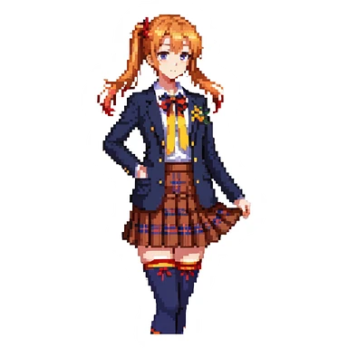 Honoka Kosaka from Love Live standing in Otonokizaka High School courtyard, orange side ponytail with yellow ribbon, blue eyes, navy blazer, red ribbon at collar, blue tartan skirt, black knee socks, brown loafers, cherry blossom petals floating, spring breeze, cheerful and determined expression sticker