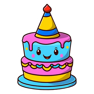 cute birthday cake with smiling face and party hat sticker