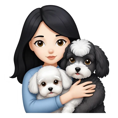 A beautiful girl with long black hair hugs a little schnauzer and a bichon frise sticker