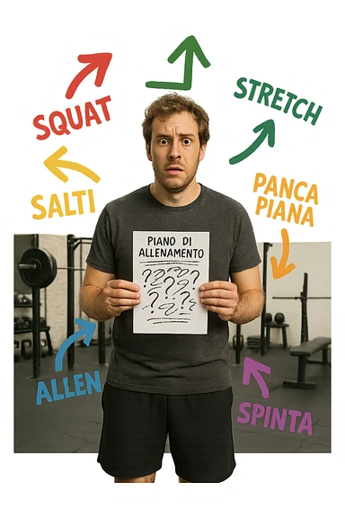 a person stands in the center of a gym, surrounded by arrows pointing in all directions, each labeled with a different exercise (e.g., “squat,” “Salti,” “stretch,” “Panca Piana”). The person looks bewildered, holding a workout plan with scribbles and question marks. The scene is colorful but visually messy, symbolizing confusion. in italiano immagine iperrealistica sticker