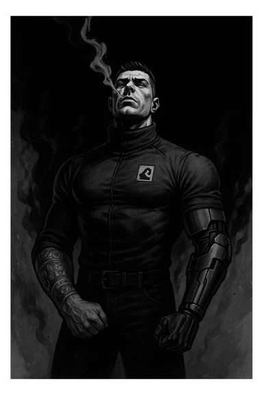Black and white comic book panel of an extremely muscular Italian man with cybernetic implants standing in the dark, surrounded by smoke. He is wearing a long-sleeved shirt with a high collar, and his chest is sculpted. sticker