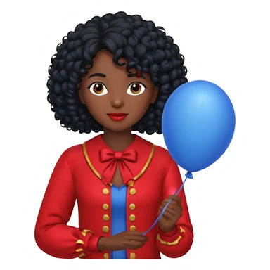 woman with curly black hair and dark face red costume, holding blue balloon sticker