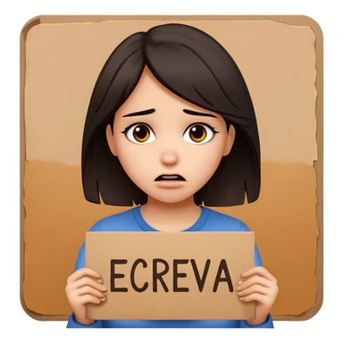 Sad realistic emoji of a young woman with messy hair, holding a cardboard sign that says "ESCREVA-SE", emotional begging expression, cinematic lighting, shallow depth of field, soft blurred background, high detail, viral social media style sticker
