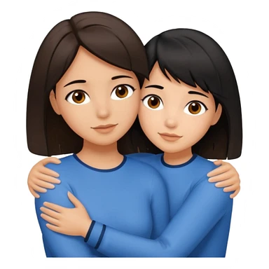 a brown-eyed brunette hugs a brown-eyed girl with a bob and black hair, and the strands are blue sticker