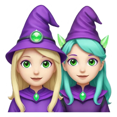 Make a blonde girl with green glowing headset on with teal eyes and a purple haired girl with green eyes waering a purple wit hes hat haveing fun , make them a chibi emoji page sticker