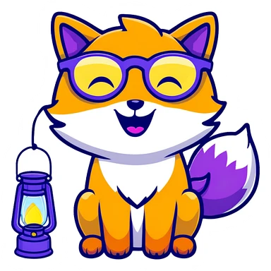 magical fox with purple and blue fur, glowing tail, star on forehead, round glasses, tiny lantern, laughing joyfully sticker