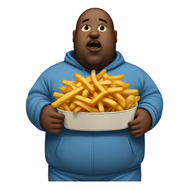 fat man in dirty blue sweatsuit with chili cheese fries in his mouth sticker