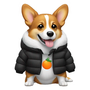 corgi wearing a black puffer jacket with a small orange square with white letters "YC" logo on the left chest sticker