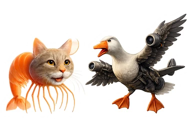 Combine the two creatures side by side in one image. The cat-shrimp should have a happy expression and the goose-plane should have an angry expression. Keep their original colors, details, and realistic style unchanged. Use a transparent background. sticker