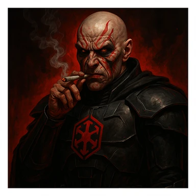 a sinister sith lord in black armor, helmet off, smoking a joint, red and black color scheme, star wars inspired sticker