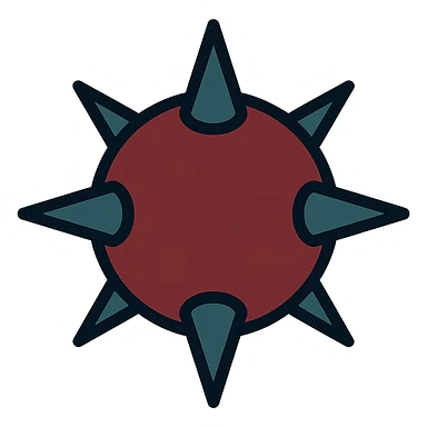 Make the spiked ball look more dangerous with sharper, longer spikes, bold lines, and vibrant but darker colors in color outline icon style with no background. sticker