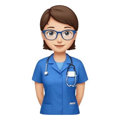 Blue eyes short brown hair with glasses woman in care assistant blue uniform sticker