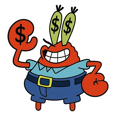 Edit the image of Mr. Krabs from SpongeBob SquarePants to have dollar-shaped eyes in a vibrant cartoon style with a transparent background. sticker