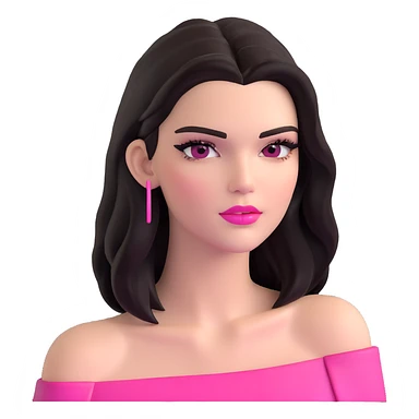 Kendall Jenner supermodel, longer face, long dark hair, bright pink glossy lipgloss, rosy pink blush, sharp winged eyeliner, bare shoulders sticker