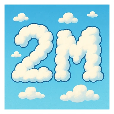 The number two and the letter M in a cartoonish cloud formation, bold and playful sticker