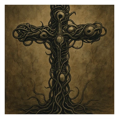 a cross made of twisted wires and organic forms, inspired by Giger, biomechanical aesthetic sticker