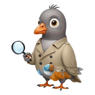 a cartoon pigeon with a trench coat and magnifying glass, looking sneaky sticker