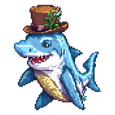 pixel art shark in a tophat, smiling sticker