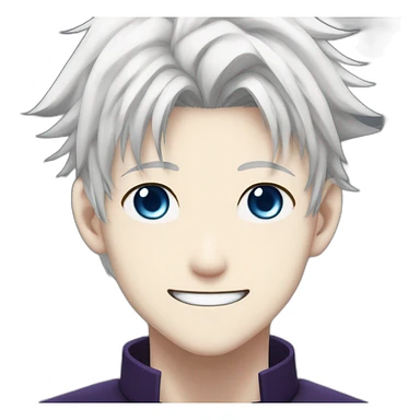 Satoru Gojo with his blue eyes,long medium white hair, a big friendly smile, dark violet uniform from jujutsu kaisen sticker