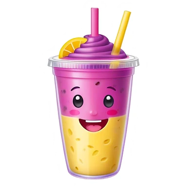 Cute Kawaii Smoothie Cup, filled with blended fruity goodness, a smiling face with excited eyes, bright colorful layers of pink, yellow, and purple, topped with a straw and tiny fruit slices! sticker