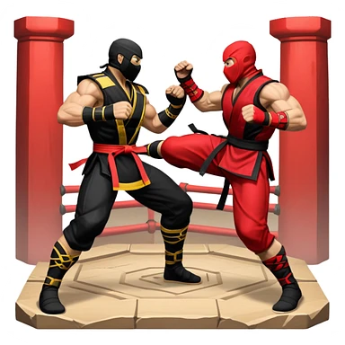 An icon showing two fighters in combat poses, inspired by Mortal Kombat. One character delivers a powerful kick, while the other blocks. The background features an iconic arena from the game with life bars at the top, symbolizing intense battles. Transparent background. sticker
