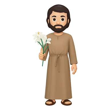 Create a full body, standing front view of Saint Joseph in an emoji style. He should wear a long tan robe similar to the reference image, have dark brown hair and beard. The background should be removed, leaving only the figure. sticker
