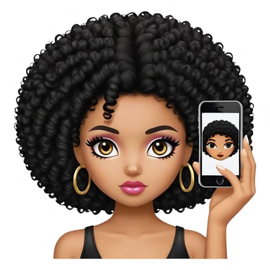 pretty bratz baddie, black eyeliner, dark skin, black curly short afro hair, black  eyes sticker