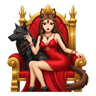 Caramel skin toned Lilith symbol seductress evil brown straight long hair haired, sexy succubus woman with red and black Chanel dress sitting on a Black and gold throne. A large black wolf laying beside he sticker