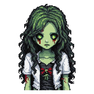 girl zombie with black long curly hair, emo style sticker