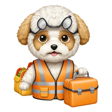 white maltipoo with construction vest and lunch box sticker