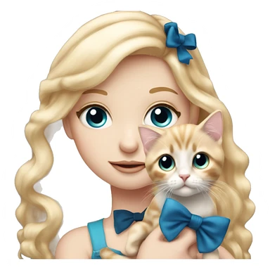 pale blonde girl with long rosy blonde hair with blue eyes and wearing a black bow holding a calico kitten sticker