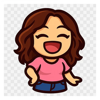 Create a chibi emote of the woman from the reference images, wearing a pink blouse and jeans, laughing with eyes closed, no headband, no sparkles, no wand, transparent background in sticker style sticker