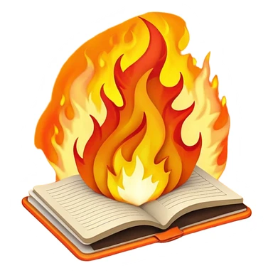 open notebook with rising flames above sticker