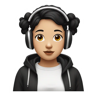 Girl with black hair up to the waist, with a black sweatshirt, half chubby, with a mole under the mouth on the right side expressive eyes with white headphones sticker