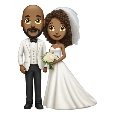 Black bald man with a beard and his wife with long, brown, curly hair on their wedding day sticker