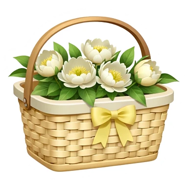 White Picnic basket with pastel yellow bow and white peonies inside sticker