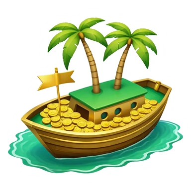 emoji of gold coins on the boat in the sea and an island on the background sticker
